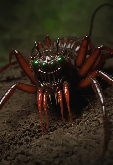 point-of-view, perspective, Giant horrific centipede with poisonous fangs attacks the camera, Scolopendra, mosquito-tarantula cinematic, dramatic, sinister, monstruous,((( centered tiny humanoid figure confronting the monster in the middle by stretching the hang forward))), wide scene, centipede, dozens of legs on one long centipede body, one tail, giant insect, dripping poison, (pair of symmetric blade-fangs, each located on side of the head behind the eyes:1.2), cinematic, reallifelike, evil, mantis head, hairy, titan , gigantic, glowing-eyes:1.4, (((bloody three-heads with maw on worm-neck))), thorns, pair of claws, (standing on two back-legs:1.2))