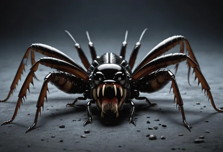 point-of-view, perspective, Giant horrific centipede with poisonous fangs attacks the camera, Scolopendra, beetle-tarantula cinematic, dramatic, sinister, monstruous,((( centered tiny humanoid figure confronting the monster in the middle by stretching the hang forward))), wide scene, centipede, dozens of legs on one long centipede body, one tail, giant insect, dripping poison, (pair of symmetric blade-fangs, each located on side of the head behind the eyes:1.2), cinematic, reallifelike, evil, mantis head, hairy, titan , gigantic, glowing-eyes:1.4, bloody three-heads on worm-neck, thorns, pair of claws