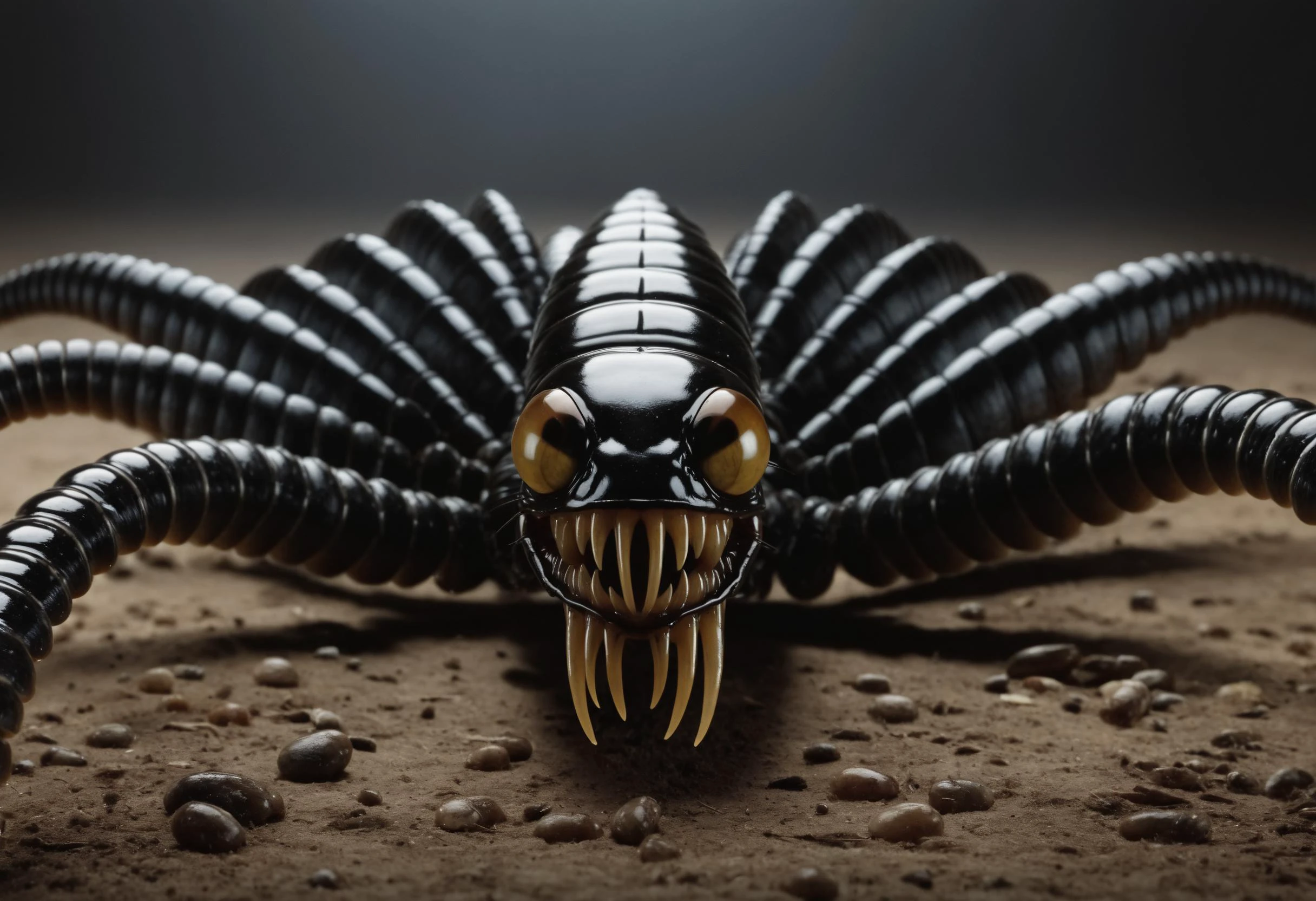 point-of-view, perspective, Giant horrific centipede with poisonous fangs attacks the camera, Scolopendra, beetle-tarantula cinematic, dramatic, sinister, monstruous,((( centered tiny humanoid figure confronting the monster in the middle by stretching the hang forward))), wide scene, centipede, dozens of legs on one long centipede body, one tail, giant insect, dripping poison, (pair of symmetric blade-fangs, each located on side of the head behind the eyes:1.2), cinematic, reallifelike, evil, mantis head, hairy, titan , gigantic, glowing-eyes:1.4,