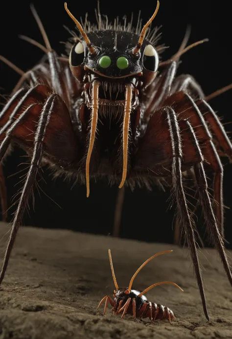point-of-view, perspective, Giant horrific centipede with poisonous fangs attacks the camera, Scolopendra, mosquito-tarantula cinematic, dramatic, sinister, monstruous,((( centered tiny humanoid figure confronting the monster in the middle by stretching the hang forward))), wide scene, centipede, dozens of legs on one long centipede body, one tail, giant insect, dripping poison, (pair of symmetric blade-fangs, each located on side of the head behind the eyes:1.2), cinematic, reallifelike, evil, mantis head, hairy, titan , gigantic, glowing-eyes:1.4, (((bloody three-heads with maw on worm-neck))), thorns, pair of claws, (standing on two back-legs:1.2))