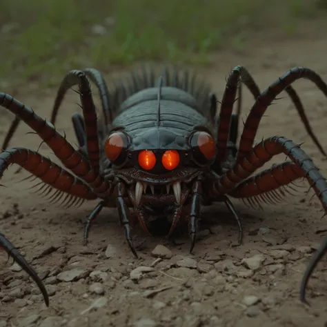 point-of-view, perspective, Giant horrific centipede with poisonous fangs attacks the camera, Scolopendra, mosquito-tarantula cinematic, dramatic, sinister, monstruous,((( centered tiny humanoid figure confronting the monster in the middle by stretching the hang forward))), wide scene, centipede, dozens of legs on one long centipede body, one tail, giant insect, dripping poison, (pair of symmetric blade-fangs, each located on side of the head behind the eyes:1.2), cinematic, reallifelike, evil, mantis head, hairy, titan , gigantic, glowing-eyes:1.4, (((bloody three-heads with maw on worm-neck))), thorns, pair of claws, (standing on two back-legs:1.2))