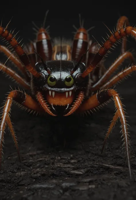 point-of-view, perspective, Giant horrific centipede with poisonous fangs attacks the camera, Scolopendra, mosquito-tarantula cinematic, dramatic, sinister, monstruous,((( centered tiny humanoid figure confronting the monster in the middle by stretching the hang forward))), wide scene, centipede, dozens of legs on one long centipede body, one tail, giant insect, dripping poison, (pair of symmetric blade-fangs, each located on side of the head behind the eyes:1.2), cinematic, reallifelike, evil, mantis head, hairy, titan , gigantic, glowing-eyes:1.4, (((bloody three-heads with maw on worm-neck))), thorns, pair of claws, (standing on two back-legs:1.2))