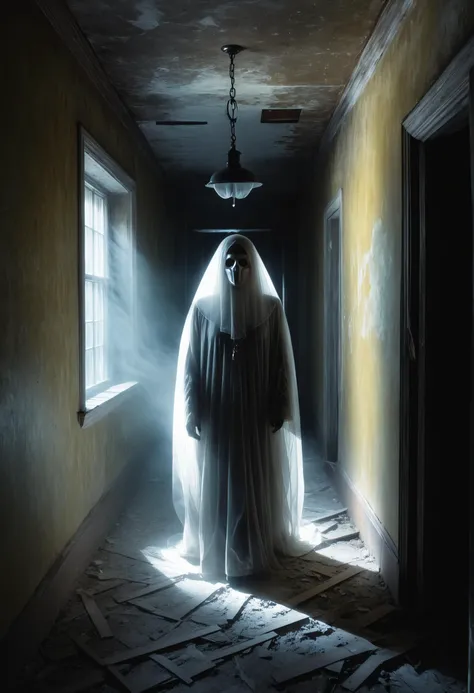 (high quality1.2), (masterpiece1.2), (detailed1.4), 32K UHD, In the chilling gloom of an abandoned asylum, a ghostly apparition materializes, sending shivers down the spine in a thigh-up professional photograph. The ethereal figure, cloaked in tattered remnants of its mortal existence, emanates an aura of dread and malevolence. Behind it, decrepit walls bear witness to unspeakable horrors, while shadows dance with sinister intent. Using a Canon EOS R5 with a spectral ambiance aperture setting (f/1.8), ISO 1600, and a haunting backdrop of crumbling corridors, the photographer captures the essence of fear with unparalleled realism. The ghost's pose is menacing, its eyes piercing through the darkness with an otherworldly intensity, while the intricate details of its spectral form add to the sense of foreboding. greenish-yellow gloom, fucking scary!, very cold shadows, glowing eye-cavities, ((strong! cold! light from below:1.3)), frozen time and space, screeming in agony!, negative film effect, assaulting the camera with both hands, attacking the viewer, paranormal