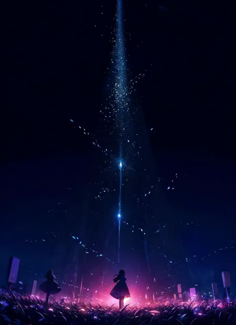 1girl, solo,  silhouette, long hair, star \(sky\), dress, scenery, light particles 
<lora:vines-pynoiseLoHa:1>