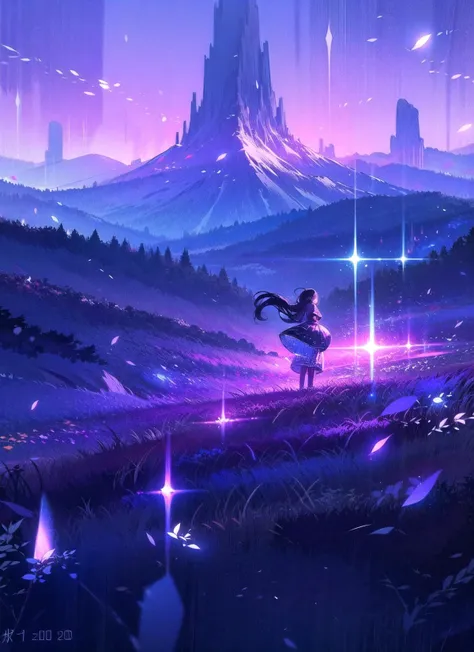 scenery, 1girl, long hair, solo, fantasy, light particles, standing, outdoors, mountain, dress, purple theme, from behind, very long hair
<lora:vines-pynoiseLoHa:1>