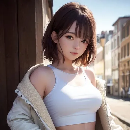 masterpiece, top quality, 8k hdr, RAW, looking at viewer, intricate details, sharp focus, natural lighting, realistic, professional, delicate, amazing, finely detailed, beautiful detailed, colourful, 1girl, medium hair, brown hair, upper body, white crop top, open  jacket,  medium breasts, city, <lora:KK-V2:0.8>