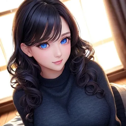 <lora:KK-V2:0.8>, photorealistic,realistic, solo, photorealistic, best quality, ultra high res, long curly black hair, big blue eyes, cheerful expression, curvy figure, sweater beautiful, masterpiece, best quality, extremely detailed face, perfect lighting, solo,1girl, best quality, ultra high res, photorealistic, ultra detailed, masterpiece, best quality, upper body