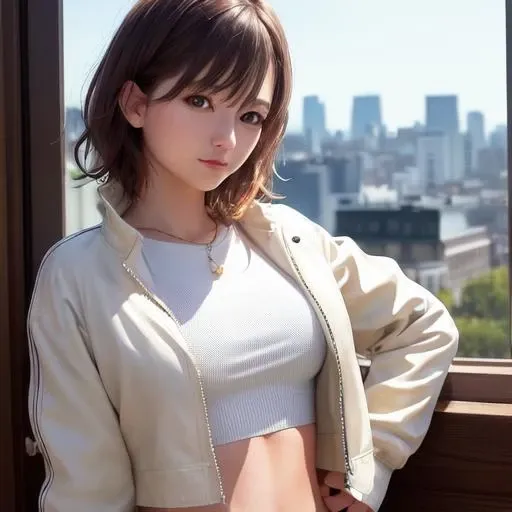 masterpiece, top quality, 8k hdr, RAW, looking at viewer, intricate details, sharp focus, natural lighting, realistic, professional, delicate, amazing, finely detailed, beautiful detailed, colourful, 1girl, medium hair, brown hair, upper body, white crop top, open jacket, medium breasts, city, <lora:KK-V2:0.8>