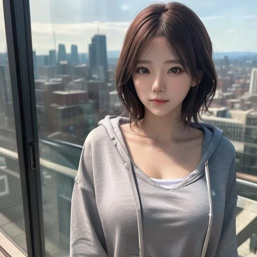 masterpiece, top quality, 8k hdr, RAW, looking at viewer, intricate details, sharp focus, natural lighting, realistic, professional, delicate, amazing, finely detailed, beautiful detailed, colourful, 1girl, medium hair, brown hair, upper body, hoodie, medium breasts, city <lora:KK-V2:0.8>