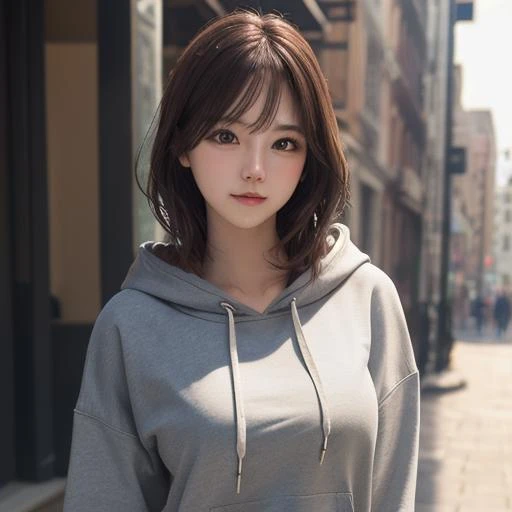 masterpiece, top quality, 8k hdr, RAW, looking at viewer, intricate details, sharp focus, natural lighting, realistic, professional, delicate, amazing, finely detailed, beautiful detailed, colourful, 1girl, medium hair, brown hair, upper body, hoodie, medium breasts, city <lora:KK-V2:0.8>