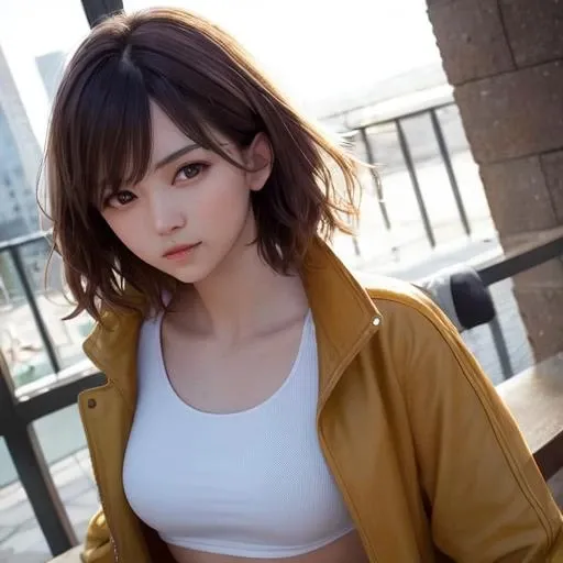 masterpiece, top quality, 8k hdr, RAW, looking at viewer, intricate details, sharp focus, natural lighting, realistic, professional, delicate, amazing, finely detailed, beautiful detailed, colourful, 1girl, medium hair, brown hair, upper body, white crop top, open jacket, medium breasts, city, <lora:KK-V2:0.8>