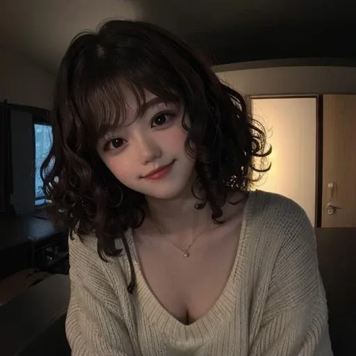<lora:KK-V2:0.8>, 1girl,smirk,curly hair,in the dark,deep shadow