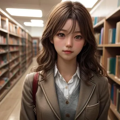 <lora:KK-V2:0.8>,masterpiece, best quality, 8k hdr, 8k wallpaper, RAW, sharp focus, natural lighting, realistic, professional, finely detailed, 1girls, light brown hair, medium hair, long wavy hair, brown eyes, lib_bg, school uniform, looking dow, <lora:libbg_v16:1>