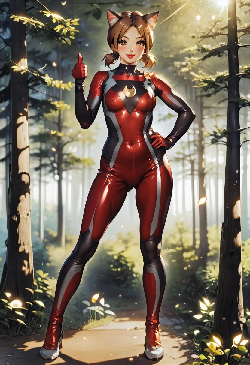 light particles, soft lighting, volumetric lighting, intricate details, very high detail, full body shot, 1girl, small breasts, animal ears, solo, mature, tall, cat ears, cateyes, long eyelashes, thick eyelashes, brown eyes, flirting, light smile, :3, blush, lipstick, makeup, jewelry, collarbone, standing, detailed ultragirl bodysuit, short twintails, thumbs up, hand on hips, detailed background, outdoor, standing near forest edge, Perfect Hands, perfecteyes, <lora:add-detail-xl:3>, <lora:chest_adjust:-5>, <lora:PerfectEyesXL:1>, , <lora:SDXL_Ultragirl1-pony16:1>, <lora:Anime Summer Days 2 Style SDXL_LoRA_Pony Diffusion V6 XL:1>