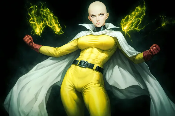 zPDXL, score_9, score_8_up, best quality, masterpiece, 4k, rating explicit, very aesthetic,
detailed skin texture, natural skin texture, detailed facial features, white skin, glowing skin,
1girl is saitama_\(one-punch_man\) cosplay costume, ((yellow long sleeve trousers bodysuit, red gloves, red high_boots, black belt, white cape)),
fighting stance,
frontlight, solo:2, beautiful-bald:2, sleek-bald:2, clenched_hand, slender, tall female, large breasts, collarbonet, looking at viewer, standing,
in a shopping street with people coming and going.