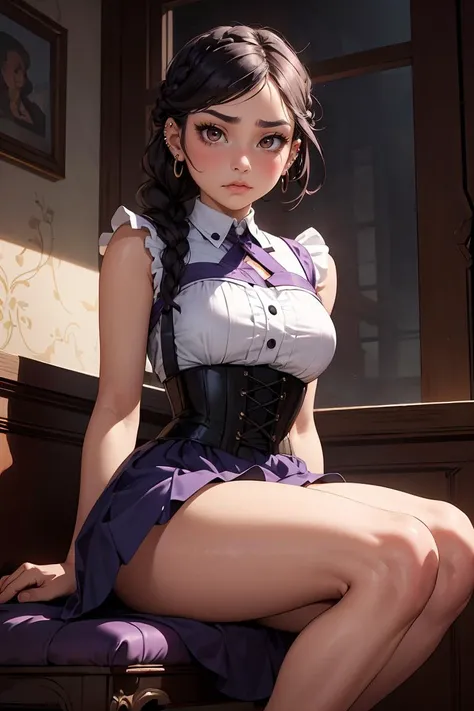 (masterpiece, best quality), female teenager, compact, native hawaiian, brown eyes,  nostril narrow nose,      unconventional piercings,  , purple french braid hair, frown wearing pinafore dress, corset, mules, , sitting pose with legs spread, sitting with legs slightly spread, showcasing confidence and allure, dramatic lighting, high contrasts and bold shadows to intensify emotions and create a passionate ambiance