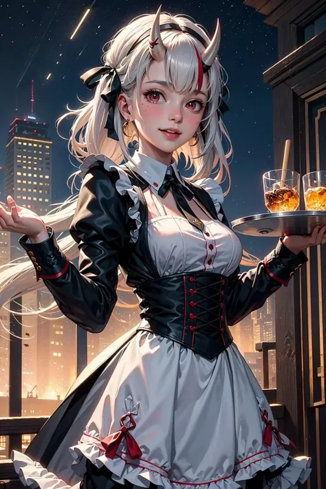 official art, unity 8k wallpaper, ultra detailed, beautiful and aesthetic, masterpiece, best quality, science fiction, (night:1.2), (1girl:1.3), (young:1.1), maid, fighting stance, shy, smile, blush, long hair, white hair, streaked hair, red eyes, hair bow, mole under eye, (cinematic lighting:1.2), <lora:vtuberNakiriAyame_v5:0.7>, horns, holding serving tray, wariza