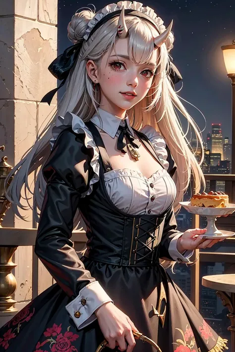 official art, unity 8k wallpaper, ultra detailed, beautiful and aesthetic, masterpiece, best quality, realistic, (night:1.2), (1girl:1.3), (young:1.1), maid, smile, blush, long hair, white hair, streaked hair, red eyes, hair bow, mole under eye, (cinematic lighting:1.2), <lora:vtuberNakiriAyame_v5:0.7>, horns, holding serving tray, wariza,