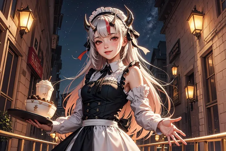 official art, unity 8k wallpaper, ultra detailed, beautiful and aesthetic, masterpiece, best quality, science fiction, (night:1.2), (1girl:1.3), (young:1.1), maid, fighting stance, shy, smile, blush, long hair, white hair, streaked hair, red eyes, hair bow, mole under eye, (cinematic lighting:1.2), <lora:vtuberNakiriAyame_v5:0.7>, horns, holding serving tray, wariza