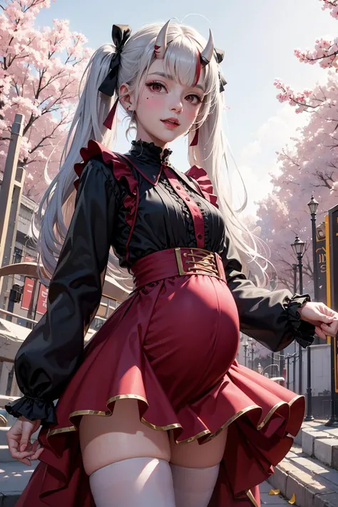sfw, official art, unity 8k wallpaper, ultra detailed, beautiful and aesthetic, masterpiece, best quality, realistic, (1girl:1.3), young, cute, <lora:vtuberNakiriAyame_v5:0.7>, horns, blush, long hair, white hair, streaked hair, red eyes, hair bow, low twintails, mole under eye, pregnant, small belly, botanical garden, smile, short dress, frilled dress, sakura tree, thighhighs,