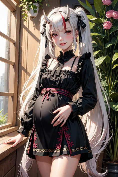 sfw, official art, unity 8k wallpaper, ultra detailed, beautiful and aesthetic, masterpiece, best quality, realistic, (1girl:1.3), young, cute, <lora:vtuberNakiriAyame_v5:0.7>, horns, blush, long hair, white hair, streaked hair, red eyes, hair bow, low twintails, mole under eye, pregnant, small belly, botanical garden, smile, short dress, colorful dress, sakura tree, *_dress
