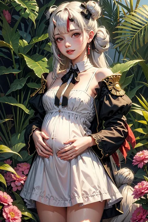 sfw, official art, unity 8k wallpaper, ultra detailed, beautiful and aesthetic, masterpiece, best quality, realistic, (1girl:1.3), young, cute, <lora:vtuberNakiriAyame_v5:0.7>, horns, blush, long hair, white hair, streaked hair, red eyes, hair bow, topknot, mole under eye, pregnant, small belly, botanical garden, smile, short dress, sexy dress, sakura tree, *_dress
