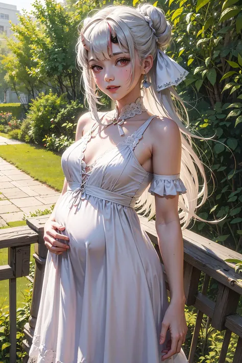 sfw, official art, unity 8k wallpaper, ultra detailed, beautiful and aesthetic, masterpiece, best quality, realistic, (1girl:1.3), young, cute, <lora:vtuberNakiriAyame_v5:0.7>, horns, blush, long hair, white hair, streaked hair, red eyes, hair bow, topknot, mole under eye, pregnant, small belly, botanical garden, smile, long dress, elegant dress, sakura tree, *_dress