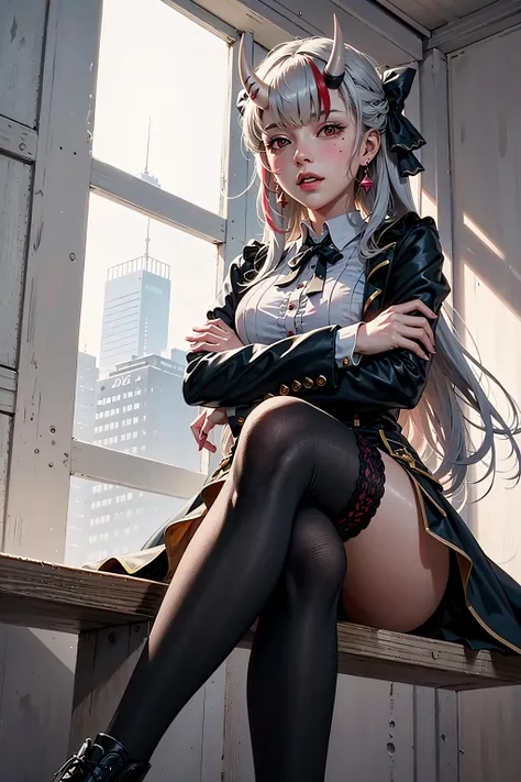unity 8k wallpaper, ultra detailed, masterpiece, realistic, 1girl, <lora:vtuberNakiriAyame_v5:0.7>, horns, blush, long hair, white hair, streaked hair, red eyes, hair bow, mole under eye, black thighhighs, from below, crossed arms, sitting, foot pointing at viewer, detailed texture, toe,