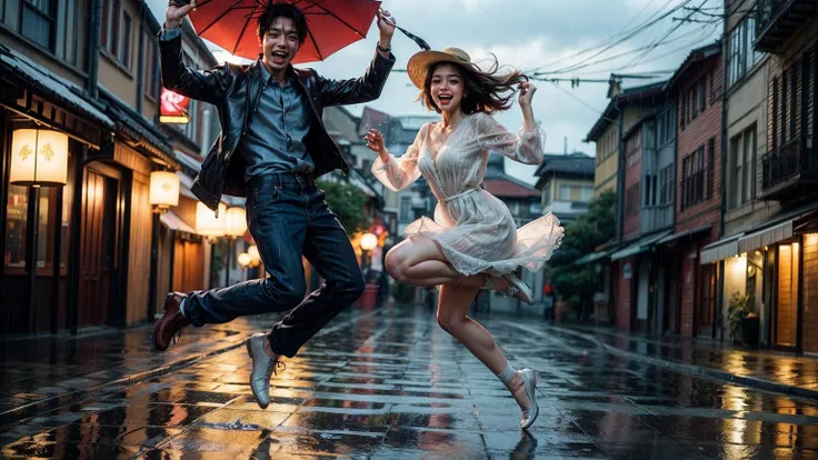 (masterpiece, high resolution, happy couple:1.2), (jumping in the rain:1.2), (captivating expression:1.1), (exuberant energy:1.1), (immersive details:1.1), (captivating composition:1.1), (transmitting a sense of joyful abandon:1.1), (embracing the beauty of rain:1.1), (conveying the couple's carefree love:1.1), (captivating realism:1.1), (portraying their moment of shared happiness:1.1), (transcending boundaries:1.1), (embodying the essence of affectionate playfulness:1.1), (captivating simplicity:1.1), (timeless moment:1.1)<lora:add_detail:1.0>
Negative prompt: illustration, 3d, 2d,  painting, cartoons, sketch, (worst quality:1.9), (low quality:1.9), (normal quality:1.9), lowres, bad anatomy, bad hands, vaginas in breasts, ((monochrome)), ((grayscale)), collapsed eyeshadow, multiple eyebrow, (cropped), oversaturated, extra limb, missing limbs, deformed hands, long neck, long body, imperfect, (bad hands), signature, watermark, username, artist name, conjoined fingers, deformed fingers, ugly eyes, imperfect eyes, skewed eyes, unnatural face, unnatural body, error, bad image, bad photo, bad-hands-5,  FastNegativeV2
Steps: 32, Sampler: UniPC, CFG scale: 7, Seed: 3398546363, Size: 768x432, Model hash: e4a30e4607, Model: majicmixRealistic_v6, Denoising strength: 0.5, Clip skip: 2, ENSD: 31337, ADetailer model: face_yolov8n.pt, ADetailer confidence: 0.3, ADetailer dilate/erode: 4, ADetailer mask blur: 4, ADetailer denoising strength: 0.4, ADetailer inpaint only masked: True, ADetailer inpaint padding: 32, ADetailer version: 23.7.9, ControlNet 0: "preprocessor: none, model: Openpose [73c2b67d], weight: 1, starting/ending: (0, 1), resize mode: Crop and Resize, pixel perfect: False, control mode: Balanced, preprocessor params: (512, 64, 64)", Hires upscale: 2, Hires steps: 10, Hires upscaler: 4x-UltraSharp
Template: (masterpiece, high resolution, happy couple:1.2), (jumping in the rain:1.2), (captivating expression:1.1), (exuberant energy:1.1), (immersive details:1.1), (captivating composition:1.1), (transmitting a sense of joyful abandon:1.1), (embracing the beauty of rain:1.1), (conveying the couple's carefree love:1.1), (captivating realism:1.1), (portraying their moment of shared happiness:1.1), (transcending boundaries:1.1), (embodying the essence of affectionate playfulness:1.1), (captivating simplicity:1.1), (timeless moment:1.1)
Negative Template: illustration, 3d, 2d,  painting, cartoons, sketch, (worst quality:1.9), (low quality:1.9), (normal quality:1.9), lowres, bad anatomy, bad hands, vaginas in breasts, ((monochrome)), ((grayscale)), collapsed eyeshadow, multiple eyebrow, (cropped), oversaturated, extra limb, missing limbs, deformed hands, long neck, long body, imperfect, (bad hands), signature, watermark, username, artist name, conjoined fingers, deformed fingers, ugly eyes, imperfect eyes, skewed eyes, unnatural face, unnatural body, error, bad image, bad photo, bad-hands-5,  FastNegativeV2