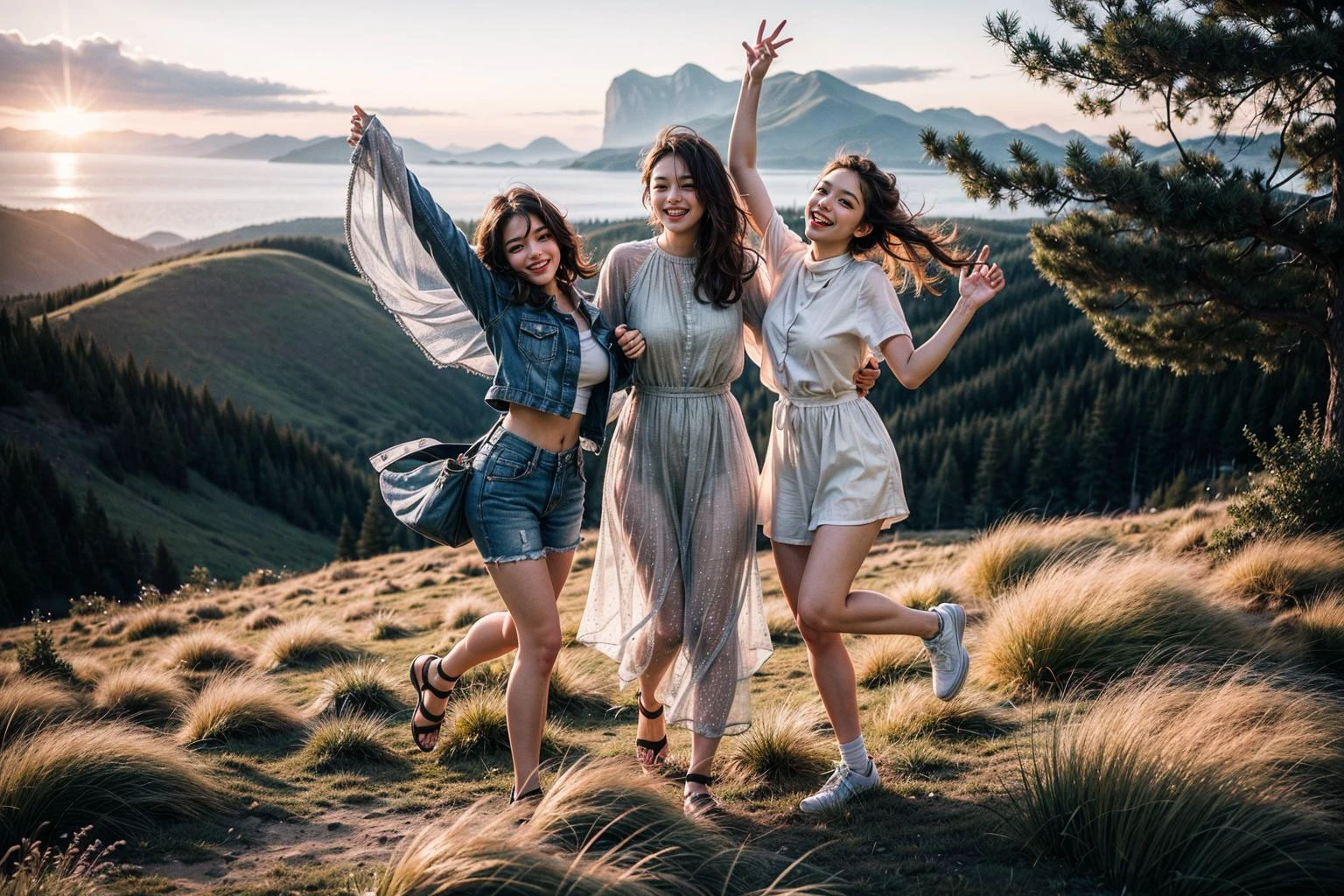 (masterpiece, high resolution, three girls:1.1), (standing together:1.1), (camping trip:1.1), (happy expressions:1.2), (light smiles:1.2), (captivating scene:1.1), (immersive details:1.1), (captivating composition:1.1), (transmitting a sense of friendship and adventure:1.1), (embracing the joy of togetherness:1.1), (conveying the girls' carefree spirit:1.1), (captivating realism:1.1), (portraying the girls' shared happiness:1.1), (transcending boundaries:1.1), (embodying the essence of youthful camaraderie:1.1), (captivating simplicity:1.1), (timeless moment:1.1)<lora:add_detail:1.0>
Negative prompt: illustration, 3d, 2d,  painting, cartoons, sketch, (worst quality:1.9), (low quality:1.9), (normal quality:1.9), lowres, bad anatomy, bad hands, vaginas in breasts, ((monochrome)), ((grayscale)), collapsed eyeshadow, multiple eyebrow, (cropped), oversaturated, extra limb, missing limbs, deformed hands, long neck, long body, imperfect, (bad hands), signature, watermark, username, artist name, conjoined fingers, deformed fingers, ugly eyes, imperfect eyes, skewed eyes, unnatural face, unnatural body, error, bad image, bad photo, bad-hands-5,  FastNegativeV2
Steps: 32, Sampler: DPM++ SDE Karras, CFG scale: 7, Seed: 4079262917, Size: 768x512, Model hash: e4a30e4607, Model: majicmixRealistic_v6, Denoising strength: 0.5, Clip skip: 2, ENSD: 31337, ADetailer model: face_yolov8n.pt, ADetailer confidence: 0.3, ADetailer dilate/erode: 4, ADetailer mask blur: 4, ADetailer denoising strength: 0.4, ADetailer inpaint only masked: True, ADetailer inpaint padding: 32, ADetailer version: 23.7.9, ControlNet 0: "preprocessor: none, model: Openpose [73c2b67d], weight: 1, starting/ending: (0, 1), resize mode: Crop and Resize, pixel perfect: False, control mode: Balanced, preprocessor params: (512, 64, 64)", Hires upscale: 2, Hires steps: 10, Hires upscaler: 4x-UltraSharp
Template: (masterpiece, high resolution, three girls:1.1), (standing together:1.1), (camping trip:1.1), (happy expressions:1.2), (light smiles:1.2), (captivating scene:1.1), (immersive details:1.1), (captivating composition:1.1), (transmitting a sense of friendship and adventure:1.1), (embracing the joy of togetherness:1.1), (conveying the girls' carefree spirit:1.1), (captivating realism:1.1), (portraying the girls' shared happiness:1.1), (transcending boundaries:1.1), (embodying the essence of youthful camaraderie:1.1), (captivating simplicity:1.1), (timeless moment:1.1)
Negative Template: illustration, 3d, 2d,  painting, cartoons, sketch, (worst quality:1.9), (low quality:1.9), (normal quality:1.9), lowres, bad anatomy, bad hands, vaginas in breasts, ((monochrome)), ((grayscale)), collapsed eyeshadow, multiple eyebrow, (cropped), oversaturated, extra limb, missing limbs, deformed hands, long neck, long body, imperfect, (bad hands), signature, watermark, username, artist name, conjoined fingers, deformed fingers, ugly eyes, imperfect eyes, skewed eyes, unnatural face, unnatural body, error, bad image, bad photo, bad-hands-5,  FastNegativeV2