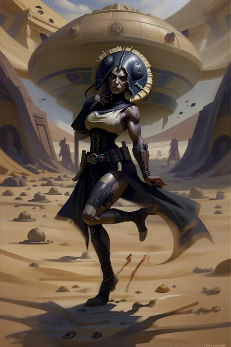 fantchar, a badass sith warrior lifting her leg because she just stepped in bantha dung, tatooine desert background, cowpie on the ground, droppings, realistic, highly detailed, intricate