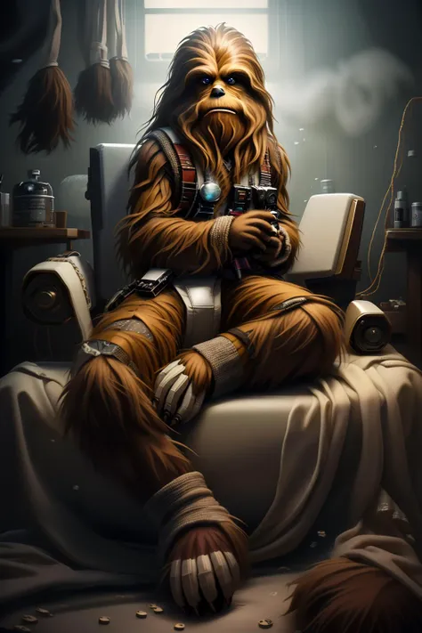 fantchar, a bored wookie chewbacca sitting in a chair, realistic, highly detailed, intricate