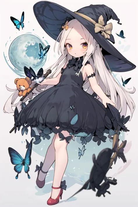 <lora:nep:1>1girl, hat, witch hat, solo, teddy bear, long hair, dress, stuffed toy, stuffed animal, bug, butterfly, lavinia whateley \(fate\), bow, high heels, black bow, white background, white hair, black headwear, orange bow, braid, black dress, bare shoulders, simple background, hair bow, detached sleeves, pale skin, looking at viewer, holding, abigail williams \(fate\), full body, bangs, frills, red footwear