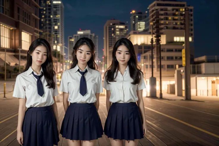 centered, eye contact, (3 girls, cowboy shot:1.1), buildings background, city background, dimly lit,  smile, standing, (sgrean:1.2), school uniform, (blue school_skirt:1.2), <lora:acjcv2:0.6> blue neck tie, school badge, <lora:detailed_eye:0.5>, <lora:Background_Detail_v3:0.3>, (masterpiece), (best quality:1.0), (ultra highres:1.0), (detailed face, detailed eyes, detailed skin, ray tracing, subsurface scattering:1.1),, 8K, 8k  uhd, dslr, Nikon Z9, soft lighting, high quality, film grain, ((cinematic look)), soothing tones, insane details, intricate details, hyperdetailed, epic realistic, real picture, intricate details, ultra-detailed, ultra highres, depth field,(photorealistic,realistic:1.2),best quality, realistic, photorealistic, (intricate details:1.2), (delicate detailed), (cinematic light), clear line, sharp focus, realistic face, detailed face unity 8k wallpaper, ultra high res, (photorealistic:1.4)