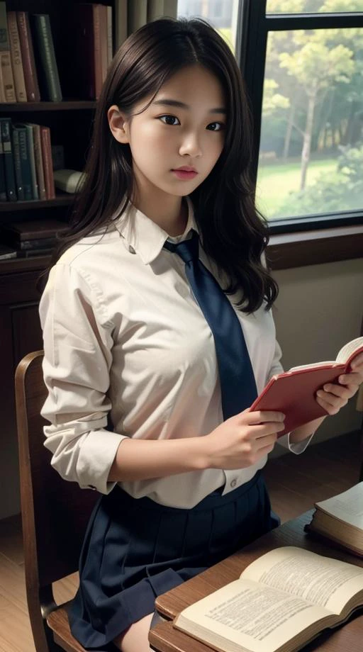 1girl, (slighly above, above shot:1.3), <lora:acjcv3:0.2> acjc, sgrean, school uniform, blue school skirt, neck tie,
Girl studying peacefully, Cozy library ambiance, Concentrated on books, Natural warm lighting, Organized study space, Serene library setting, Books on bookshelves, Wooden study table,, 8K, 8k uhd, dslr, Nikon Z9, soft lighting, high quality, film grain, ((cinematic look)), soothing tones, insane details, intricate details, hyperdetailed, epic realistic, real picture, intricate details, ultra-detailed, ultra highres, depth field, photorealistic,realistic:1.2),best quality, realistic, photorealistic, (intricate details:1.2), (delicate detailed), (cinematic light), clear line, sharp focus, realistic face, detailed face, unity 8k wallpaper, ultra high res, (photorealistic:1.4)
