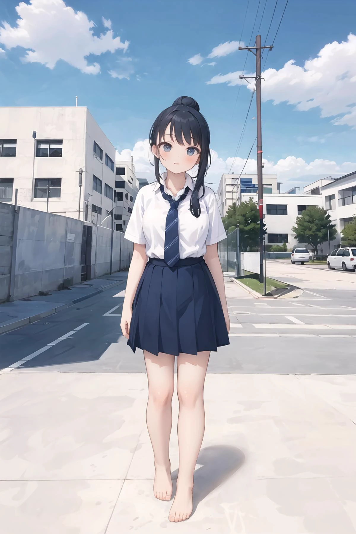 1girl, relaxed, tilt head, breasts, hair buns, black hairs, eye reflection
acjc, school uniform, school tie, short sleeve white shirt, blue pleated skirt, school crest on uniform shirt, (barefoot)
(beautiful detailed sky, blue sky), full body, wide shot, school playground
(best quality, masterpiece:1.2, highres, hyper detailed), lineart, <lora:acjcv3:0.7>