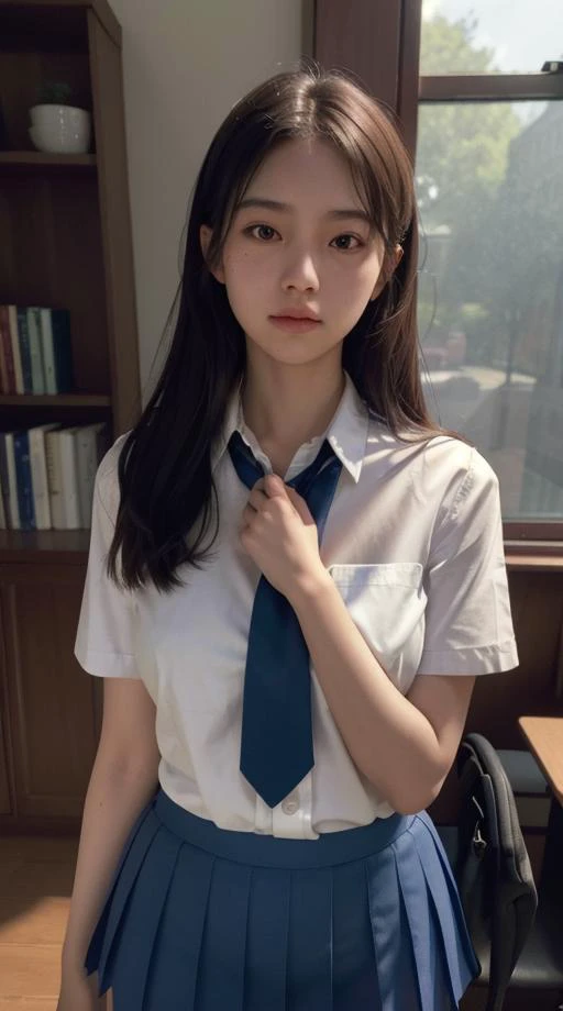 1 schoolgirl, captured from a low-angle perspective, at a medium camera distance, framed closely around her face, (sgrean, 24 years old:1.2), <lora:acjcv3:0.3>, wearing a classic school uniform with a blue school skirt and a school neck tie, standing confidently, illuminated by soft natural light, in a library-like background environment., 8K, 8k  uhd, dslr, Nikon Z9, soft lighting, high quality, film grain, ((cinematic look)), soothing tones, insane details, intricate details, hyperdetailed, epic realistic, real picture, intricate details, ultra-detailed, ultra highres, depth field,(photorealistic,realistic:1.2),best quality, realistic, photorealistic, (intricate details:1.2), (delicate detailed), (cinematic light), clear line, sharp focus, realistic face, detailed face unity 8k wallpaper, ultra high res, (photorealistic:1.4)