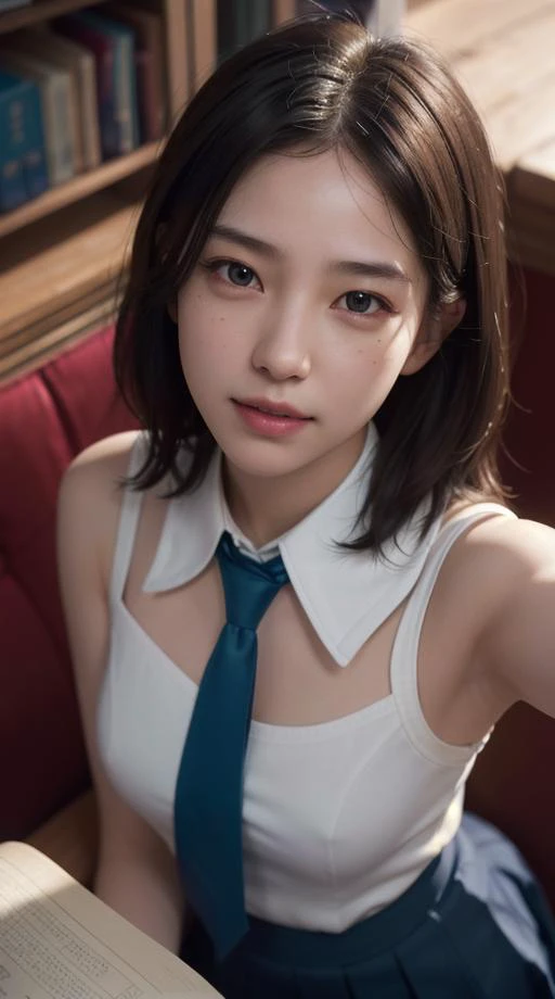 1girl, (slighly above, above shot:1.3), <lora:acjcv3:0.2> acjc, (sgrean:1.2), school uniform, blue school skirt, neck tie, (detailed face, detailed eyes, detailed skin, ray tracing, subsurface scattering:1.1), smile,
library setting, books on bookshelf, Natural warm lighting, 8K, 8k  uhd, dslr, Nikon Z9, soft lighting, high quality, film grain, ((cinematic look)), soothing tones, insane details, intricate details, hyperdetailed, epic realistic, real picture, intricate details, ultra-detailed, ultra highres, depth field,(photorealistic,realistic:1.2),best quality, realistic, photorealistic, (intricate details:1.2), (delicate detailed), (cinematic light), clear line, sharp focus, realistic face, detailed face unity 8k wallpaper, ultra high res, (photorealistic:1.4)