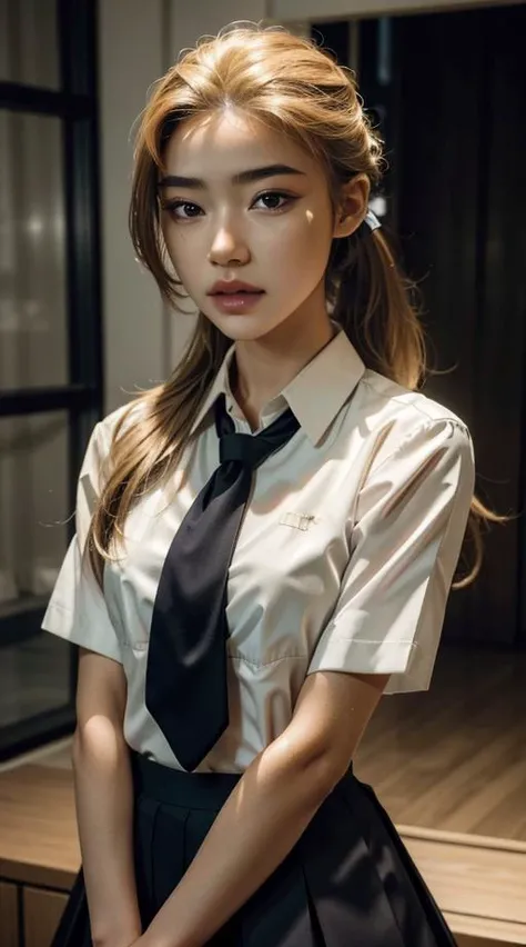 <lora:CARTOON_DC_YJ_Artemis_ownwaifu:0.7>1girl, blonde hair, very long hair, dark skin, (dark-skinned female:0.8), long hair, ponytail, black eyes, lips, breasts, makeup, acjc, school_uniform, blue school_skirt, blue necktie, school badge <lora:acjcv2:0.2>, 8K, 8k uhd, dslr, Nikon Z9, soft lighting, high quality, film grain, ((cinematic look)), soothing tones, insane details, intricate details, hyperdetailed, epic realistic, real picture, intricate details, ultra-detailed, ultra highres, depth field,(photorealistic,realistic:1.2),best quality, realistic, photorealistic, (intricate details:1.2), (delicate detailed), (cinematic light), clear line, sharp focus, realistic face, detailed face unity 8k wallpaper, ultra high res, (photorealistic:1.4)