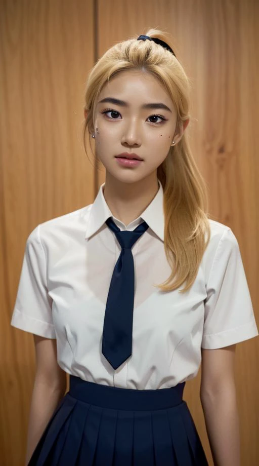 <lora:CARTOON_DC_YJ_Artemis_ownwaifu:0.65>1girl, (blonde hair:1.1), (dark skin, dark-skinned female:0.8), long hair, ponytail, black eyes, lips, breasts, makeup, acjc, school_uniform, blue school_skirt, blue necktie, school badge <lora:acjcv2:0.25>, 8K, 8k uhd, dslr, Nikon Z9, soft lighting, high quality, film grain, ((cinematic look)), soothing tones, insane details, intricate details, hyperdetailed, epic realistic, real picture, intricate details, ultra-detailed, ultra highres, depth field,(photorealistic,realistic:1.2),best quality, realistic, photorealistic, (intricate details:1.2), (delicate detailed), (cinematic light), clear line, sharp focus, realistic face, detailed face unity 8k wallpaper, ultra high res, (photorealistic:1.4)