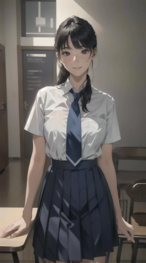 (masterpiece), (full body:1.3), (best quality:1.0), (ultra highres:1.0), (detailed face, detailed skin, ray tracing, subsurface scattering:1.1), smile, looking at viewer, (1girl, 24 years old:1.2), (pleated blue school skirt:1.3), acjc, (sgrean:1.2), school uniform <lora:acjcv3:0.3>, (blue neck tie, see through shirt:1.1), school crest on uniform shirt, 8K, 8k uhd, dslr, Nikon Z9, soft lighting, high quality, film grain, ((cinematic look)), soothing tones, insane details, intricate details, hyperdetailed, epic realistic, real picture, intricate details, ultra-detailed, ultra highres, depth field,(photorealistic,realistic:1.2),best quality, realistic, photorealistic, (intricate details:1.2), (delicate detailed), (cinematic light), clear line, sharp focus, realistic face, detailed face unity 8k wallpaper, ultra high res, (photorealistic:1.4)