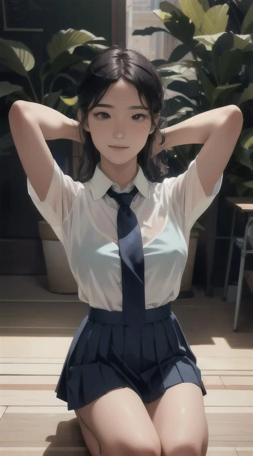 (masterpiece), (slightly above, full body:1.2), (best quality:1.0), (ultra highres:1.0), (detailed face, detailed skin, ray tracing, subsurface scattering:1.1), smile, kneeling on floor, looking up at viewer, hands up, (arms behind head), (1girl, 24 years old:1.2), (pleated blue school skirt:1.3), acjc, (sgrean:1.2), school uniform <lora:acjcv3:0.3>, (blue neck tie, see through shirt:1.1), school crest on uniform shirt, 8K, 8k uhd, dslr, Nikon Z9, soft lighting, high quality, film grain, ((cinematic look)), soothing tones, insane details, intricate details, hyperdetailed, epic realistic, real picture, intricate details, ultra-detailed, ultra highres, depth field,(photorealistic,realistic:1.2),best quality, realistic, photorealistic, (intricate details:1.2), (delicate detailed), (cinematic light), clear line, sharp focus, realistic face, detailed face unity 8k wallpaper, ultra high res, (photorealistic:1.4)