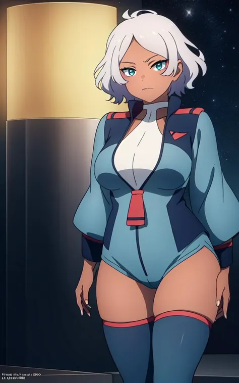 great quality, (ultra high res, ultra detailed, high resolution, highly detailed, 4k, 8k), (best quality, masterpiece), an extremely delicate and beautiful, Sensual face, official art, official drawing, dark skin girl, dark skin, secelia, school uniform, shorts, thighhighs, leotard, boots, hanging breasts, thick thighs, space school, <lora:æ°´æã®é女 ã»ã»ãªã¢ ãªã³ãªã¹ Secelia:0.8>,