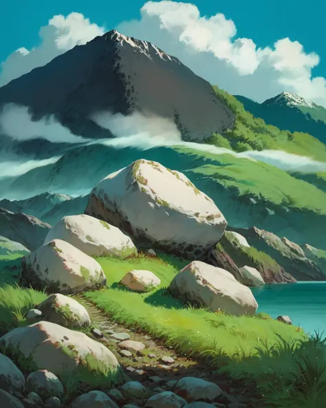 score_9, score_8_up, score_7_up, source_anime, zPDXL, Ghiblistyle, outdoors, sky, day, cloud, blue sky, grass, nature, scenery, rock, volcano<lora:Ghibli_style_PDXL:0.90>