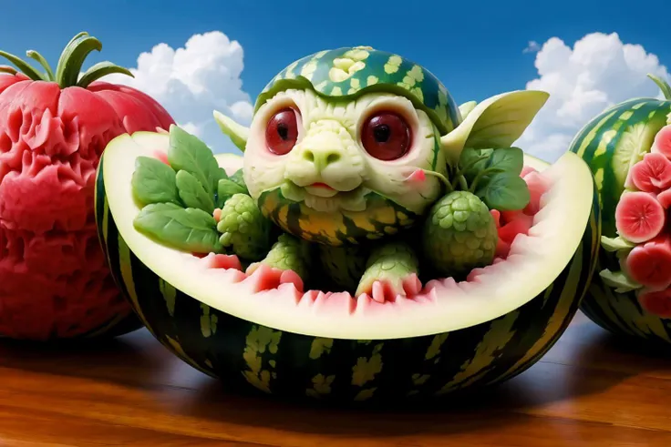 watermeloncarving, <lora:watermeloncarving:1>, Quadplane, sky background