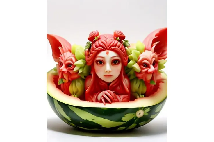 watermeloncarving, <lora:watermeloncarving-000006:1>Four Beauties in ancient China, Xi Shi, Diao Chan, Yang Guifei, Wang Zhaojun
