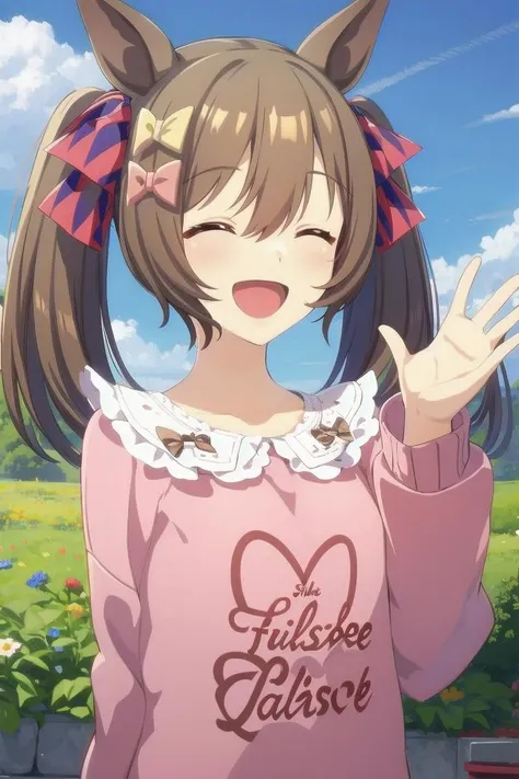 ultra-detailed, high resolution, extremely detailed cg, anime picture,(masterpiece, best quality:1.4),1girl, falcocas, (upper body), laughing, closed eyes, brown hair, horse ears, twintails, (hair bow), hair ribbon, brown eyes, pale pink sweater, frilled collar, (clothes writing), long sleeves, pleated skirt, waving, looking at viewer, blue sky <lora:falcoCAS:0.6>