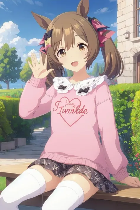 ultra-detailed, high resolution, extremely detailed cg, anime picture,(masterpiece, best quality:1.4),1girl, brown hair, horse ears, twintails, (hair bow:1.4), hair ribbon, brown eyes, pink sweater, frilled collar, (clothes writing), long sleeves, pleated skirt, white thighhighs, sitting, waving, blue skiy <lora:falcoCAS:0.6> <lora:deresute-v1.2:0.3>