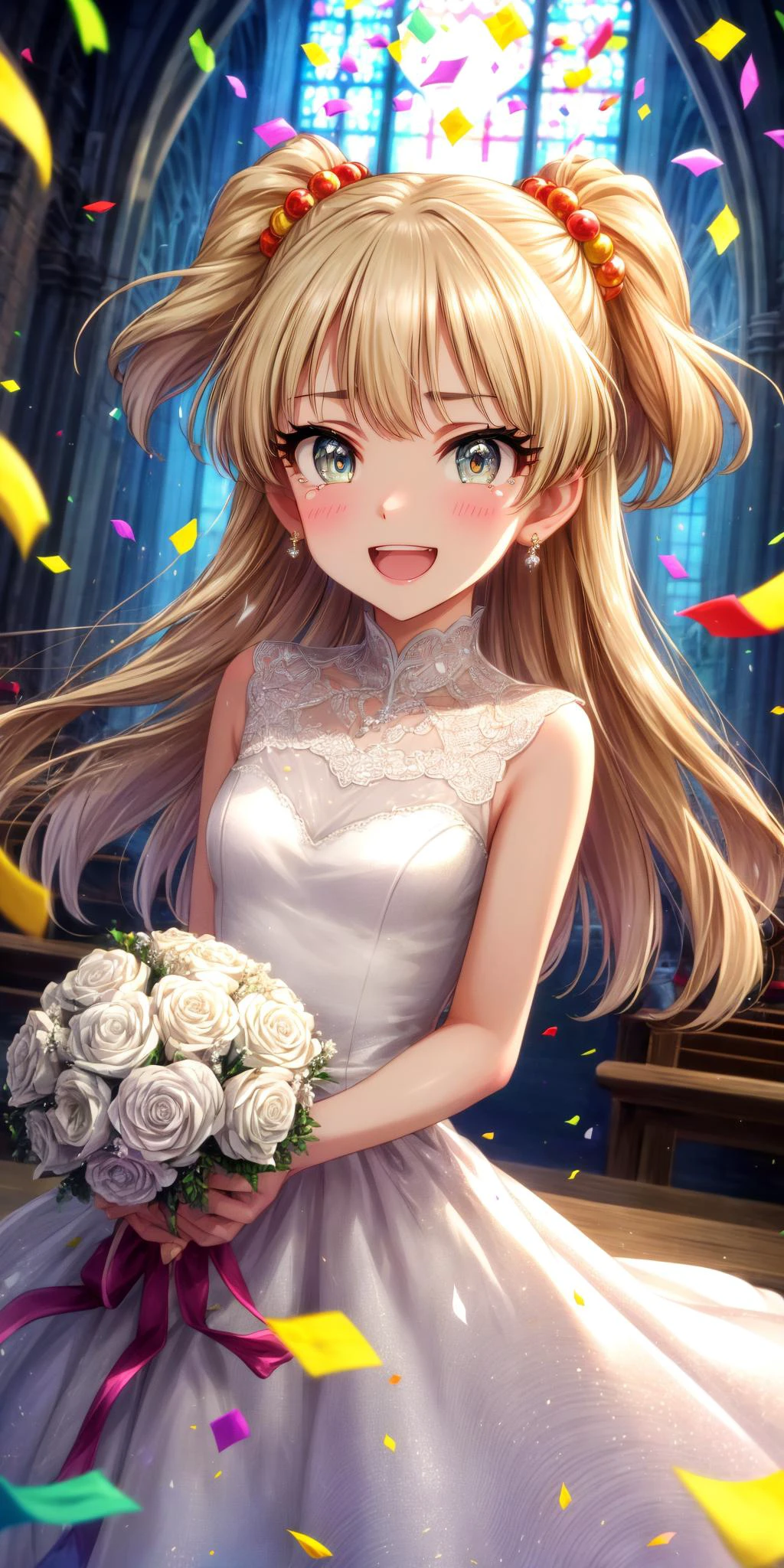 (masterpiece), best quality, (((ultra detailed, 8k quality))), expressive eyes, perfect face, perfect anatomy, perfect body, scene, <lora:scene_:0.7>, <lora:more_details:0.7>, <lora:beautiful_detailed_eyes:0.5>, <lora:GoodHands-beta2:1>, <lora:give_it_a_name:0.7>,
aarika, long hair, two side up, hair bobbles, small breasts, <lora:jougasaki_rika_v1:0.7>,church, holding bouquet, tears, (confetti:1.1), smile, open mouth, white dress, wedding dress, church, holding bouquet, tears, (confetti:1.1), smile, open mouth,