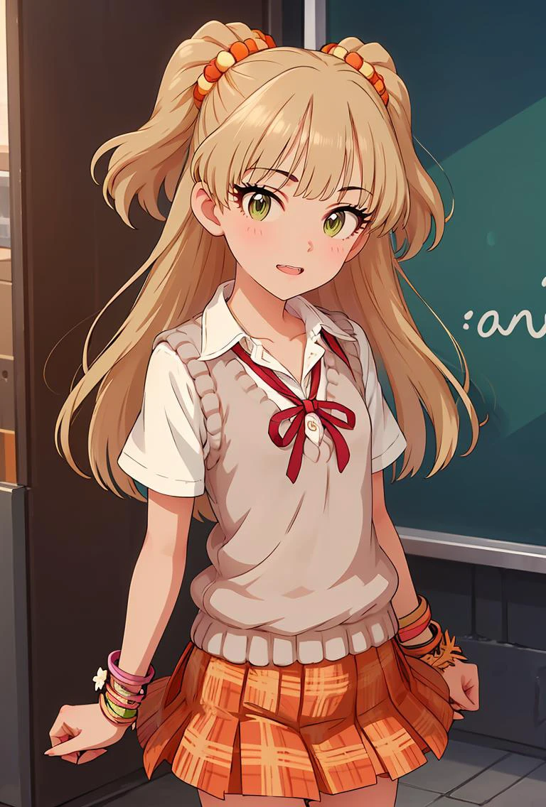 (masterpiece, best quality), 1girl, <lora:jougasaki_rika_v1:1> aarika, long hair, two side up, hair bobbles, small breasts, school uniform, collarbone, neck ribbon, collared shirt, sweater vest, short sleeves, bracelet, plaid skirt, orange skirt